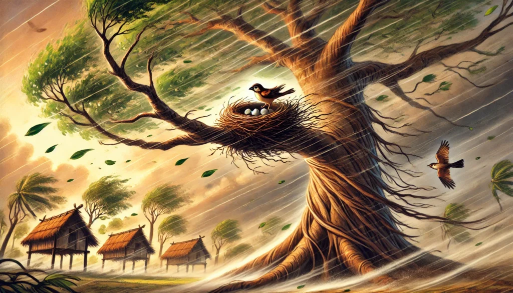 Sparrow protecting nest in storm