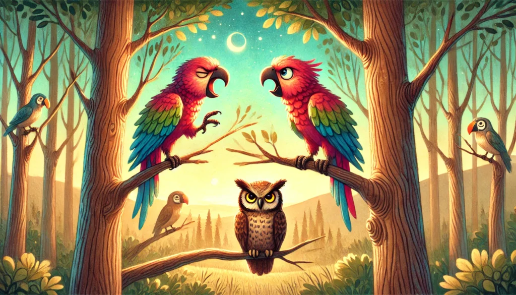 two parrots fighting in forest
