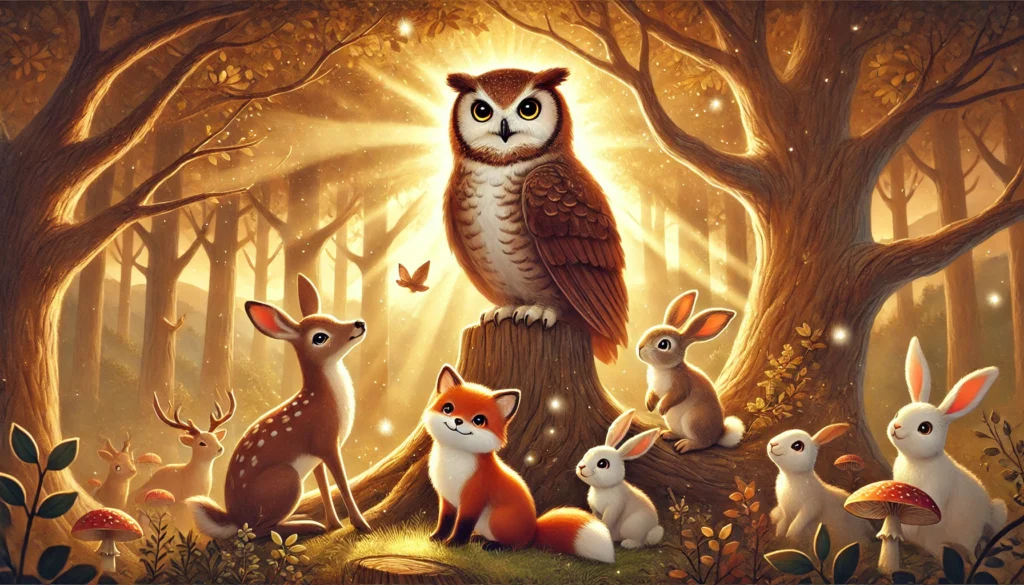 forest animals listening to wise owl