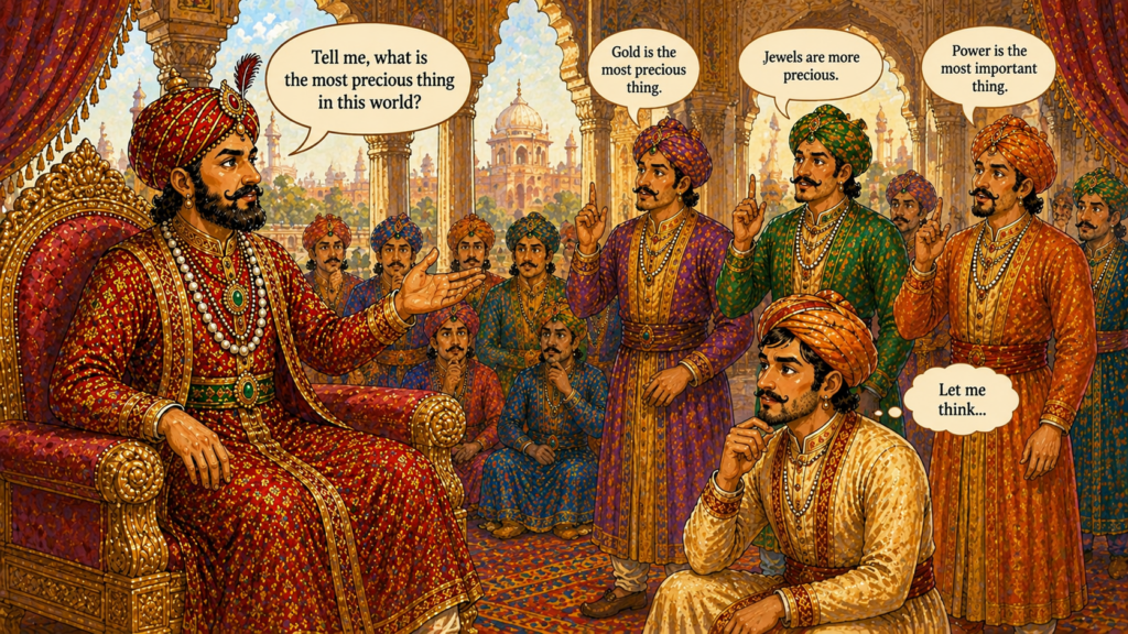 Emperor Akbar asks his royal court what the most precious thing in the world is while Birbal thinks quietly in the Akbar Birbal moral story.