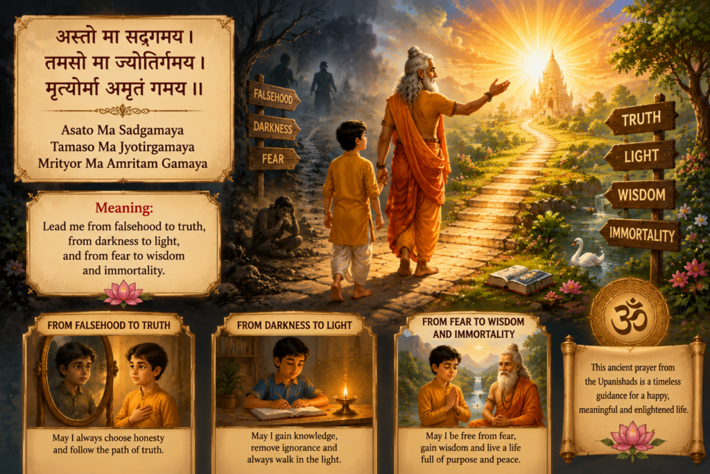 Child walking from darkness toward light guided by a sage, representing truth and wisdom