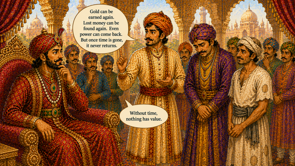 Birbal presents a rich merchant and a poor happy man before Akbar to explain the true value of time in an Akbar Birbal story.