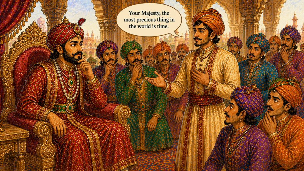 Birbal explains to Emperor Akbar that time is the most precious thing in the world while ministers listen with surprise.