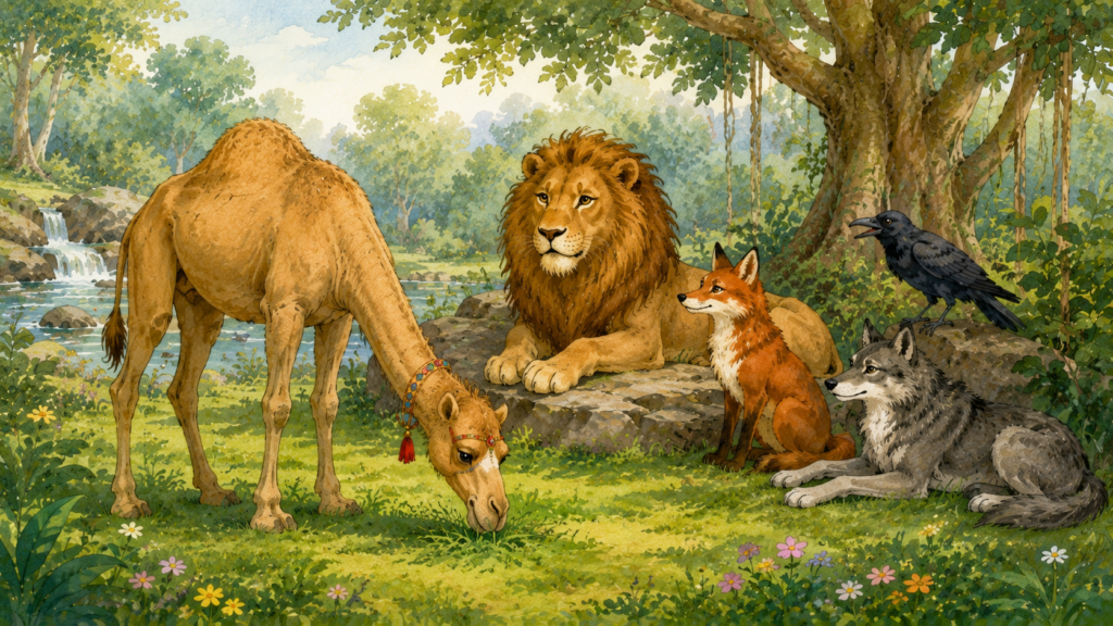 The camel living safely with the lion and other animals in the forest
