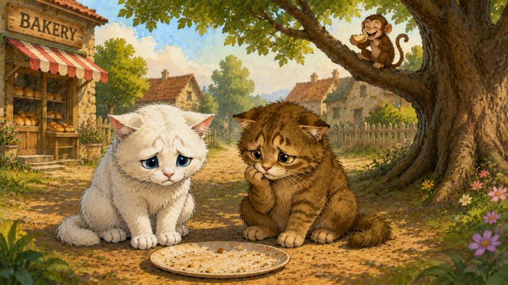 Two sad cats realizing they lost all the bread because of their argument.