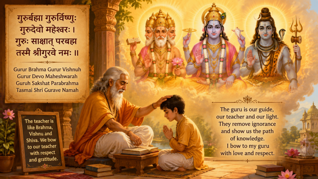 Guru blessing a young student while Brahma, Vishnu, and Shiva symbolize the importance of teachers in Sanskrit wisdom