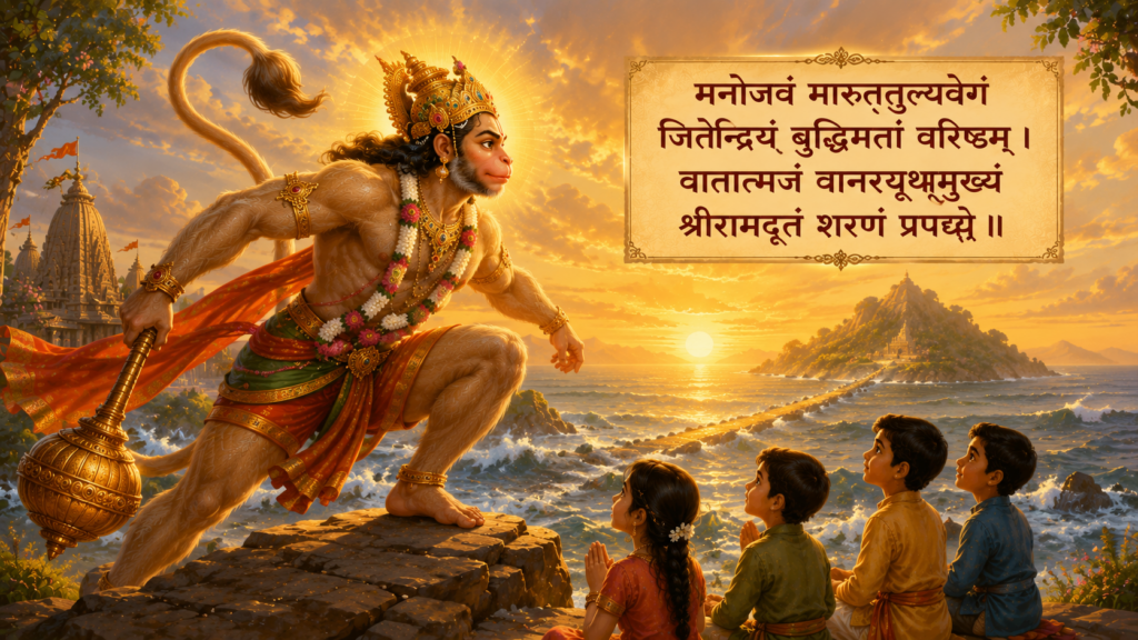 Child confidently speaking on stage after learning Hanuman sloka