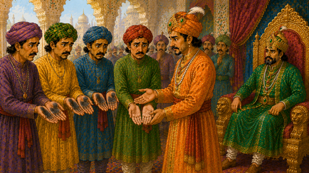 Birbal examining the servants' hands and discovering the thief in Akbar's court.