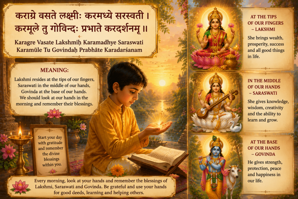 Child looking at palms during sunrise while receiving blessings of Lakshmi, Saraswati, and Govinda