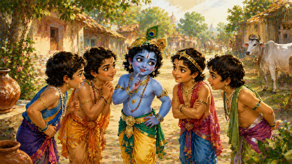 Little Krishna planning to steal butter with his friends in Gokul village