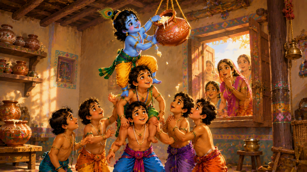 Krishna climbing on his friends to reach a hanging butter pot
