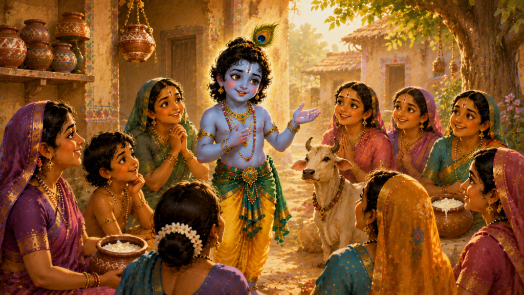 Krishna explaining the spiritual meaning behind the butter theft to villagers