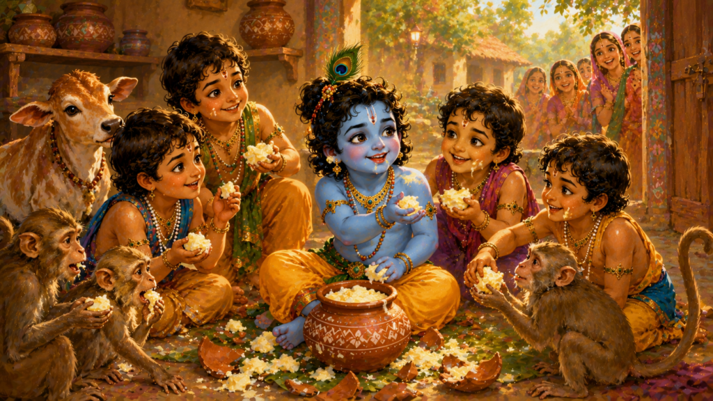 Krishna sharing stolen butter with friends and monkeys in Gokul