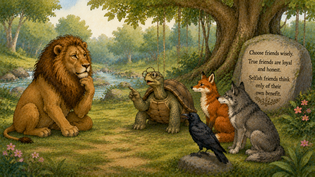 Wise forest animals discussing friendship and trust after the camel story