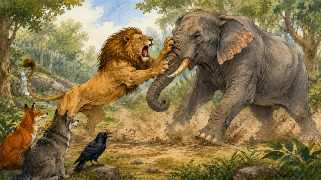 The lion fighting a wild elephant in the forest Panchatantra story