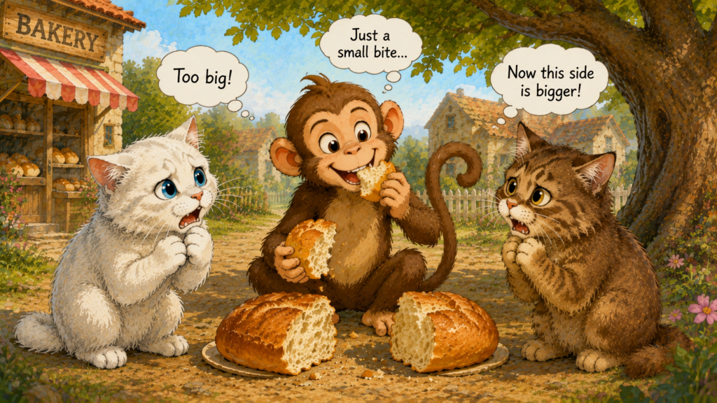 Monkey pretending to divide bread while secretly eating pieces.