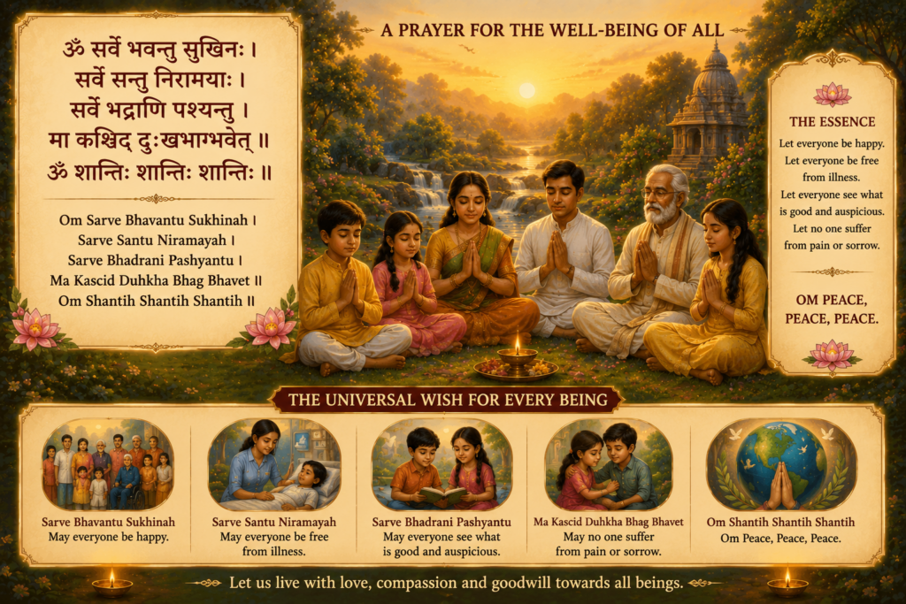 Families and children praying for the happiness, health, and peace of all living beings