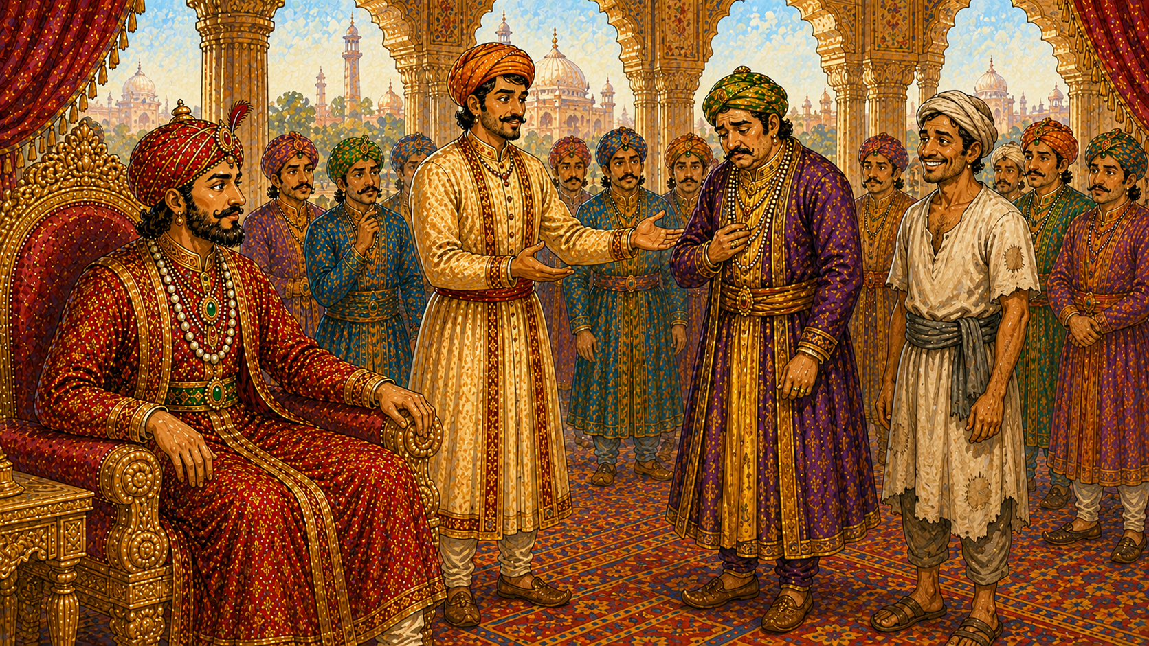 Emperor Akbar asks his royal court what the most precious thing in the world is while Birbal thinks quietly in the Akbar Birbal moral story.