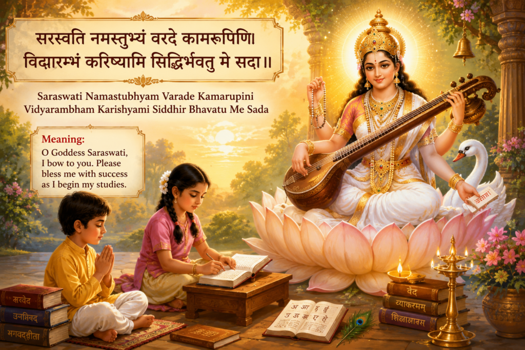 Goddess Saraswati blessing children with knowledge and success as they begin their studies