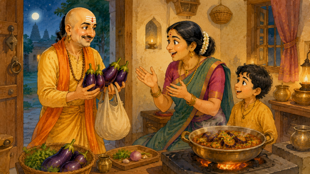 Tenali Rama secretly bringing brinjals home for his wife.