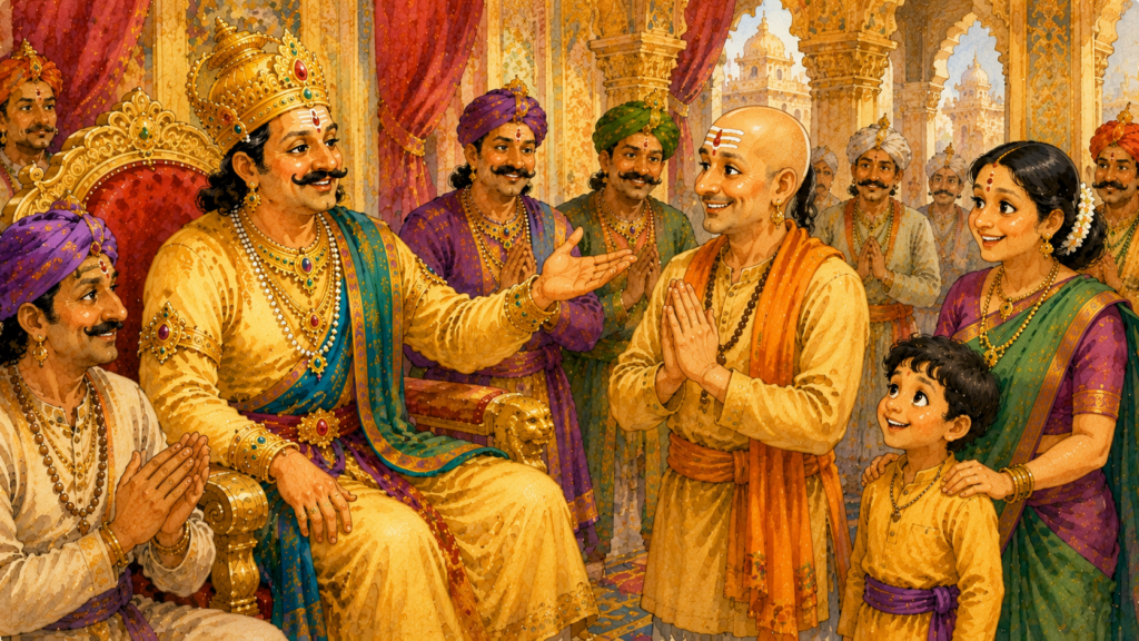 King Krishnadevaraya forgiving Tenali Rama after hearing the truth.