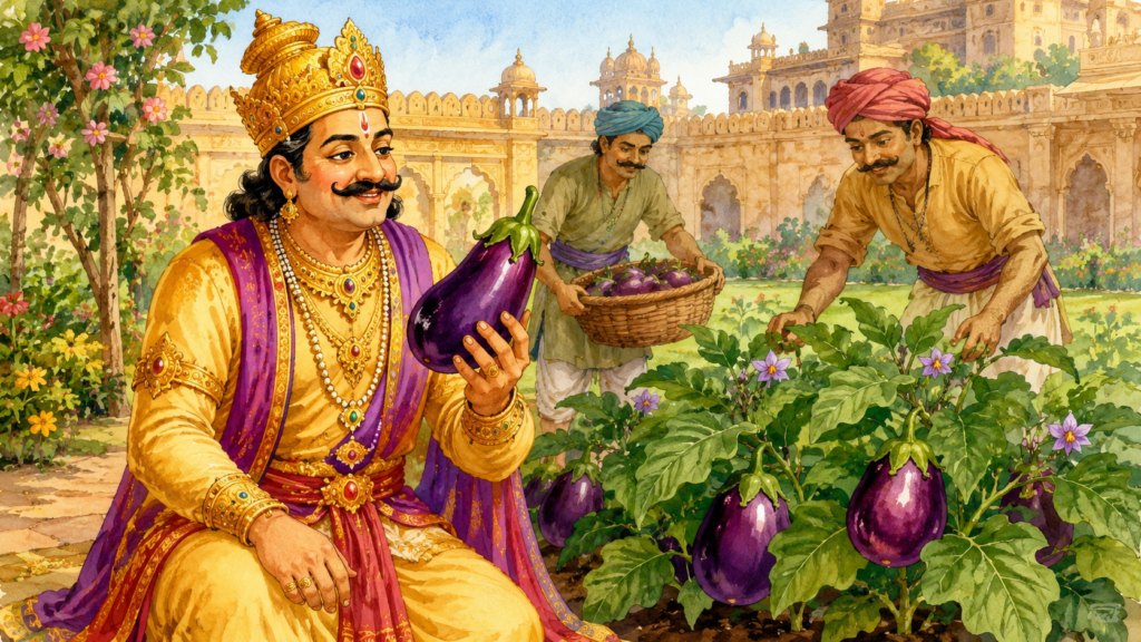 King Krishnadevaraya admiring special brinjals grown in the royal garden.