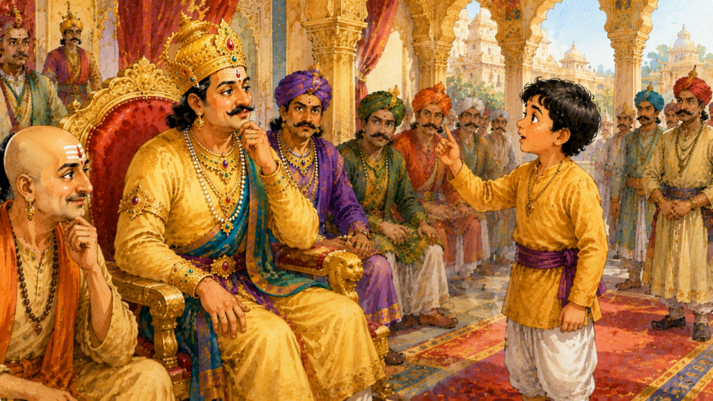 Tenali Rama's son answering questions before King Krishnadevaraya.
