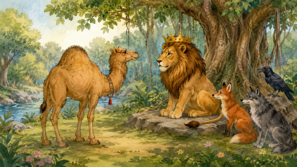 The camel meeting the lion king in a forest Panchatantra story illustration