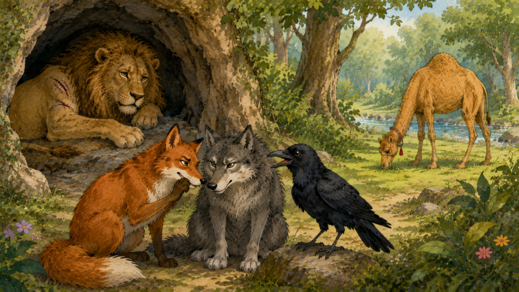 Fox wolf and crow secretly planning against the camel in the forest