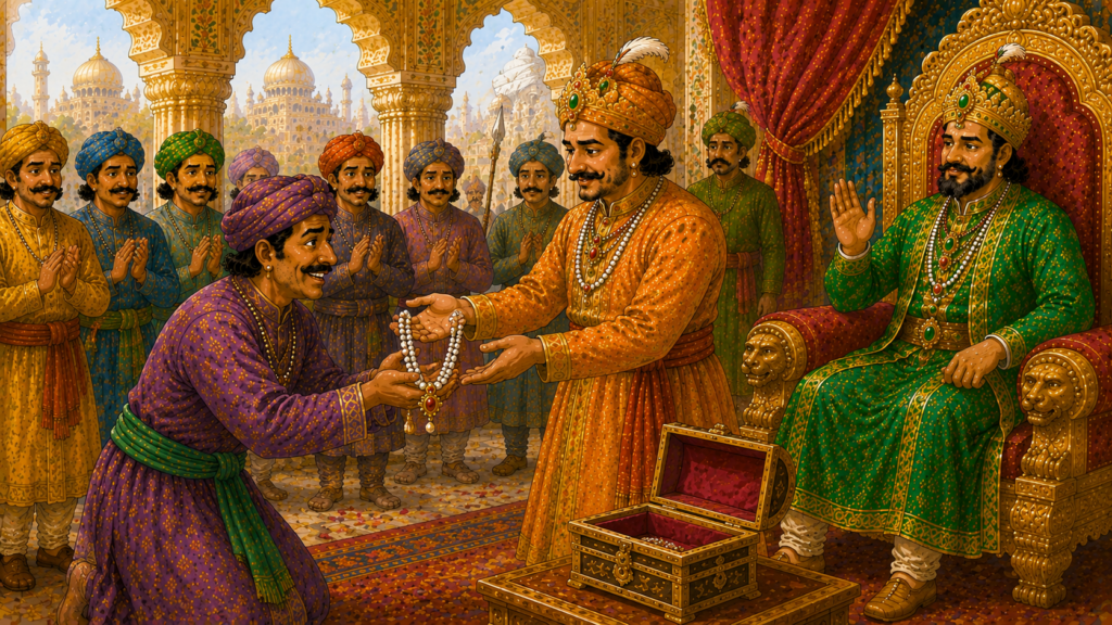 The recovered pearl necklace returned to the merchant while Akbar and Birbal celebrate justice.
