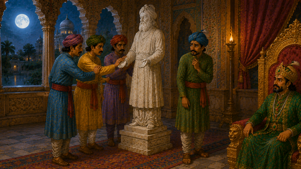 Three servants touching the statue while the frightened thief secretly stays away.