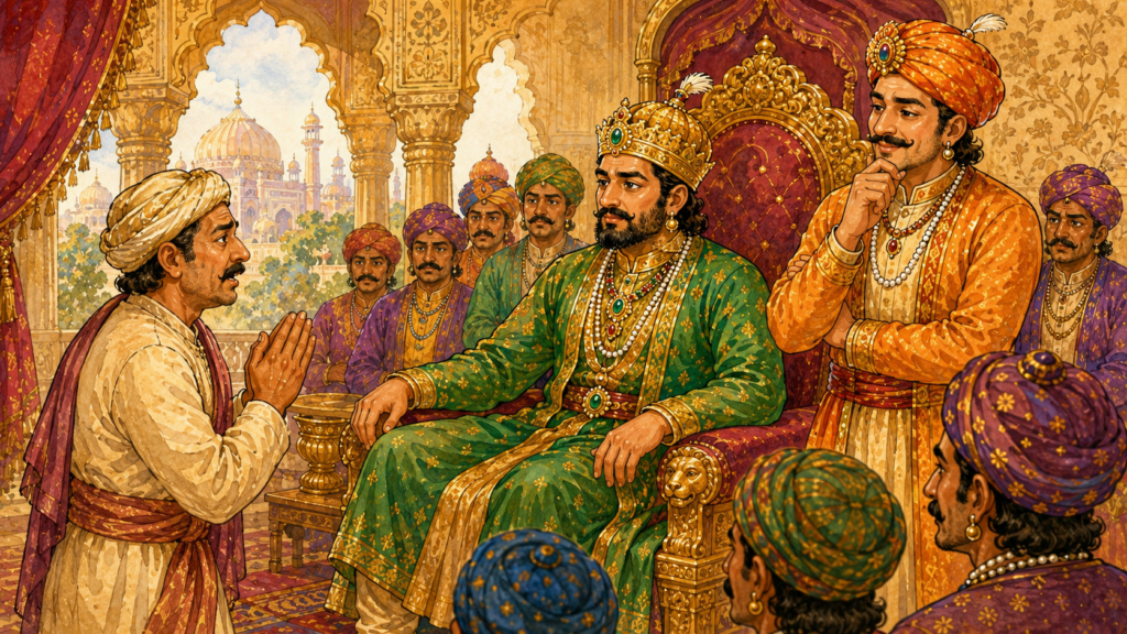 Merchant Raman reporting the theft of his pearl necklace to Emperor Akbar and Birbal in the royal court.
Image Prompt