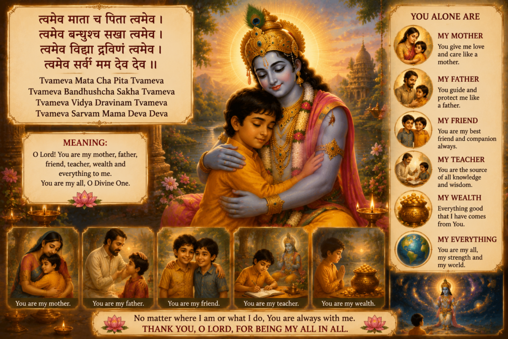 Lord Krishna lovingly guiding a child, symbolizing divine care as mother, father, friend, and teacher