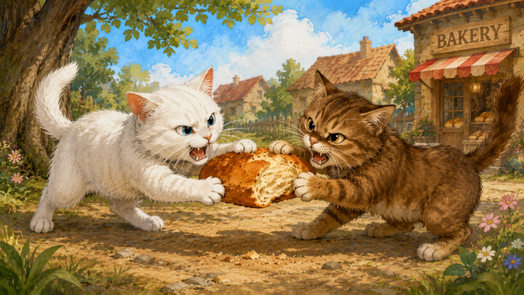 Two cats arguing loudly over a piece of bread.