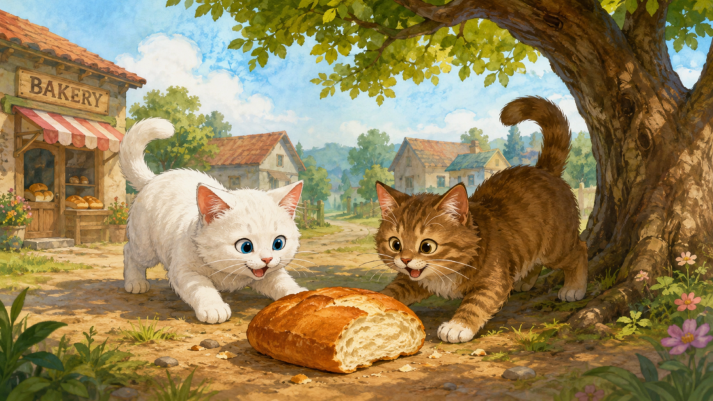 Two hungry cats discovering a large piece of bread under a tree in a village.