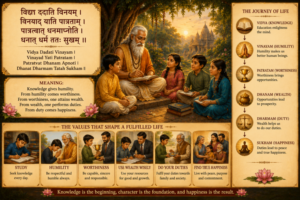 Wise guru teaching students under a tree, showing how knowledge leads to humility and happiness