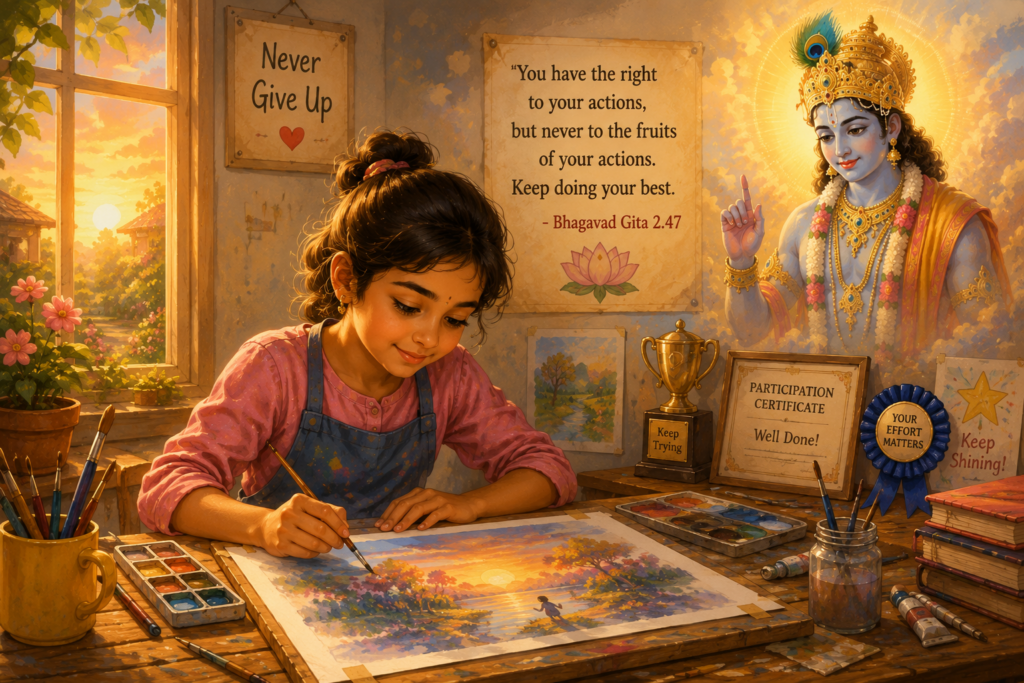 Young girl practicing painting every day without worrying about winning, inspired by Bhagavad Gita Sloka 2.47.
