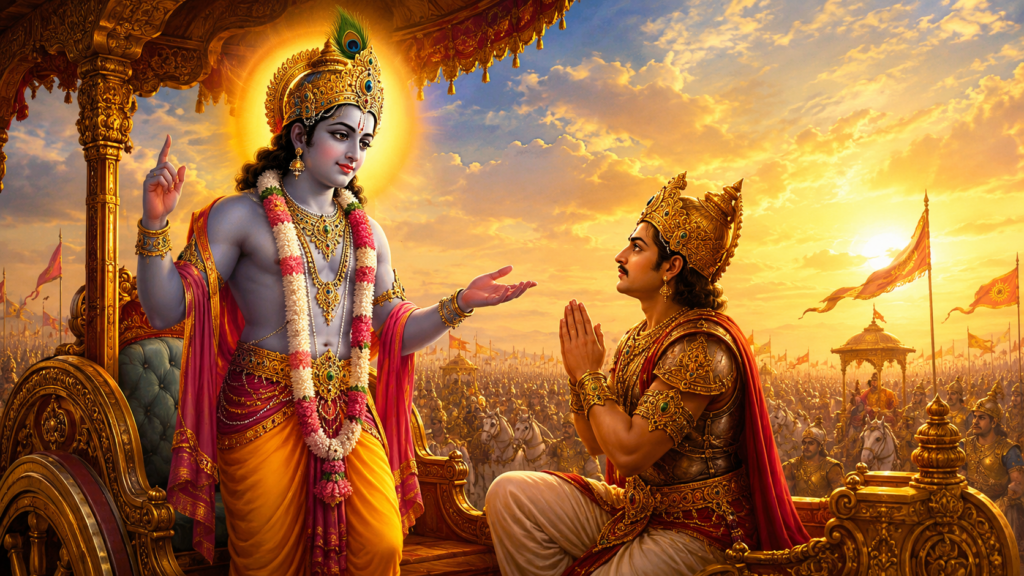 Lord Krishna explaining Bhagavad Gita Sloka 2.47 to Arjuna on the battlefield of Kurukshetra.