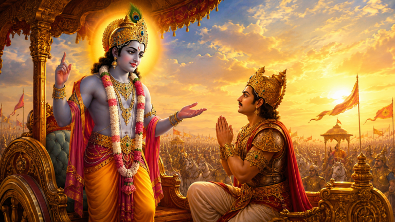 Lord Krishna explaining Bhagavad Gita Sloka 2.47 to Arjuna on the battlefield of Kurukshetra.