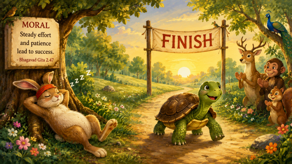 The tortoise steadily walking toward the finish line while the hare sleeps, showing the lesson of consistent effort.