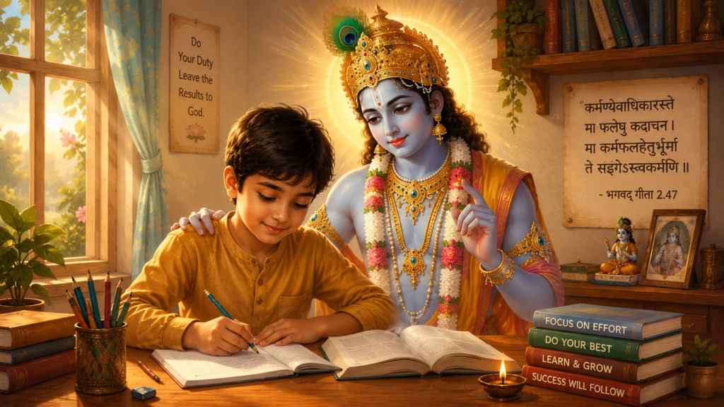 A school child studying sincerely while remembering Krishna's teaching to focus on effort instead of results.