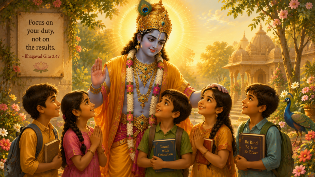 Lord Krishna blessing smiling children who work hard with confidence and kindness.