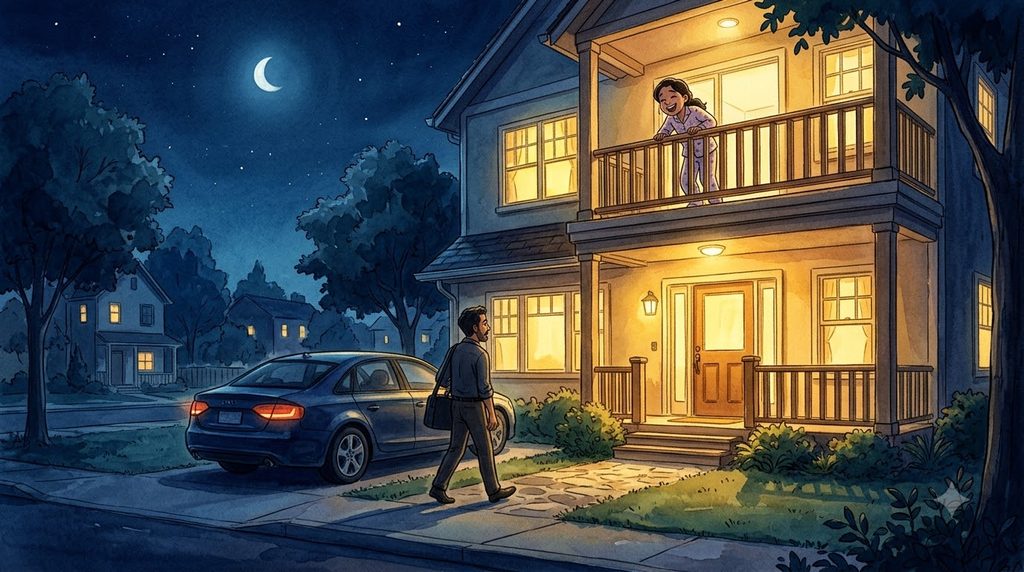A father and daughter happily reunite after he returns home late at night.