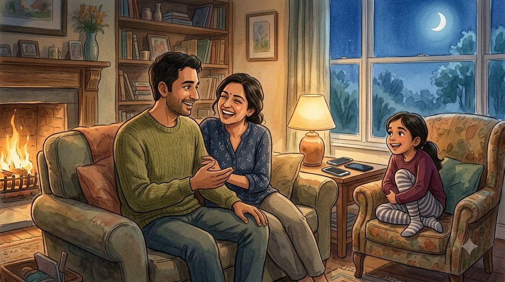 A happy family sitting njoying time together without phones.