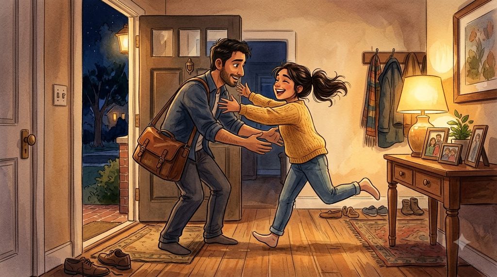 A father and daughter happily hugged after he returns home late at night.