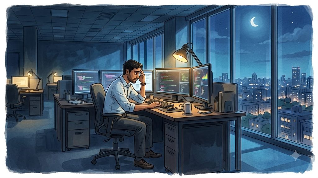 A tired software engineer working late at his computer while thinking about his daughter at home.
