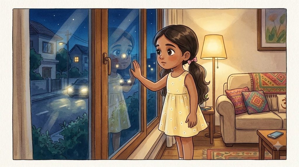 A little girl watches the night road from her window while waiting for her father to come home.