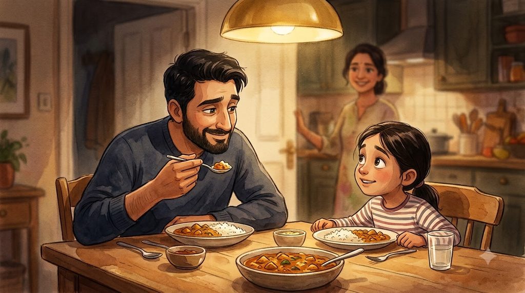 A happy family sitting together at dinner and enjoying time together without phones.
