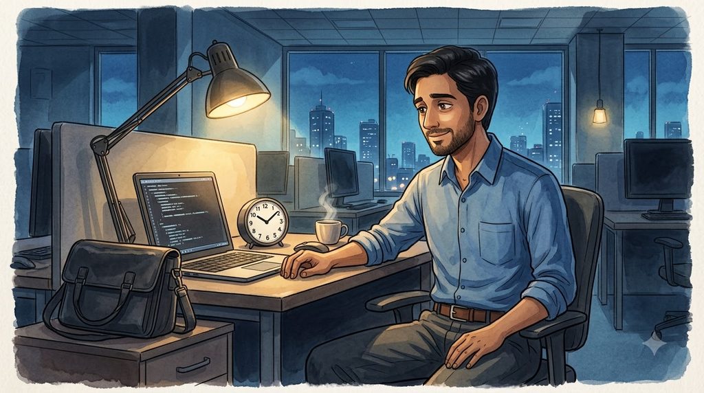 A tired software engineer working late at his computer seeing time