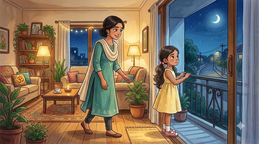 A little girl watches the night road from her window and mother.